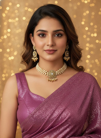 Gold Plated Pearl Choker Necklace Set with Polki & AD Pendant for Women - Special Occasions