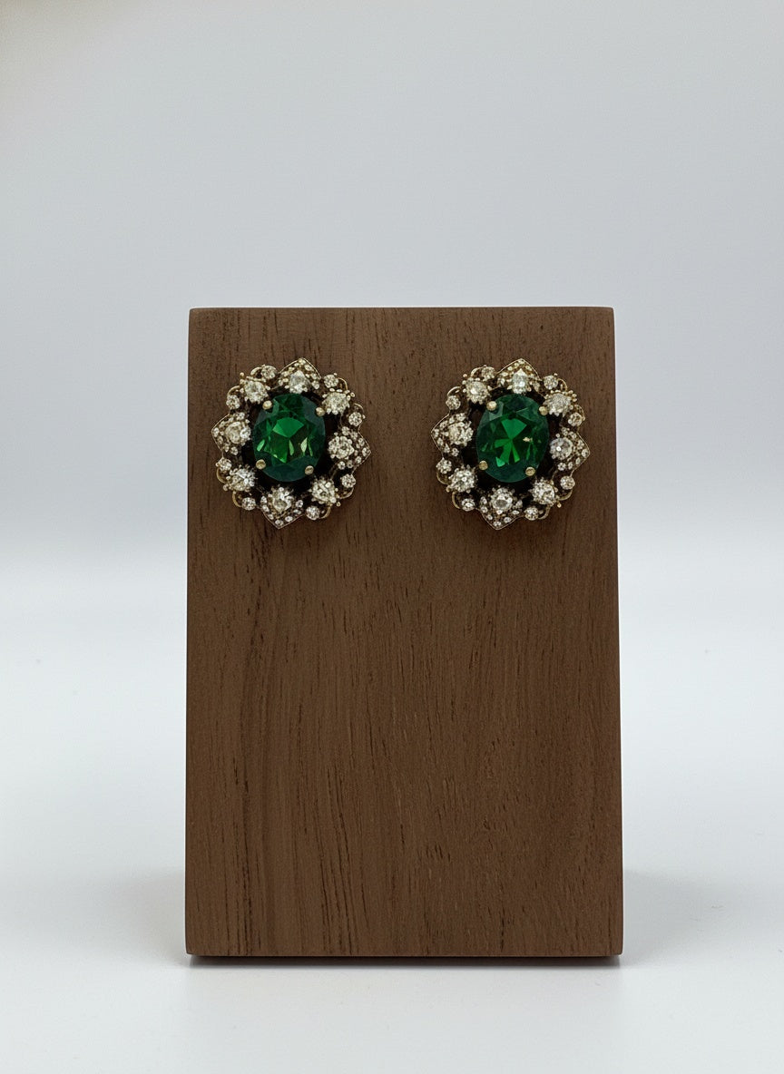 Victorian Gold Plated Polki Stud Earrings - Green