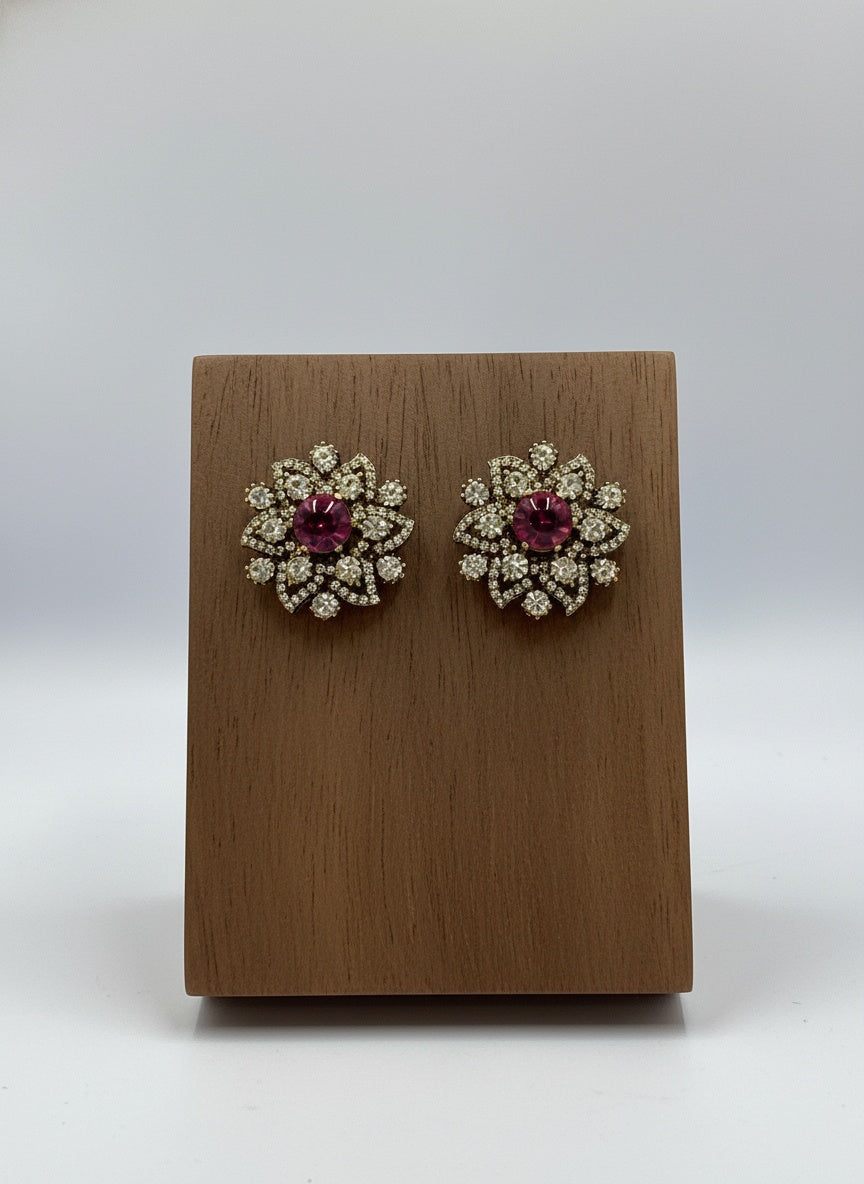Victorian Gold-Plated Floral Pattern Polki Stud Earrings