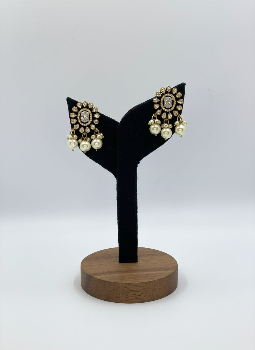 Victorian Gold Plated Polki Stud Earrings with Pearl detailing