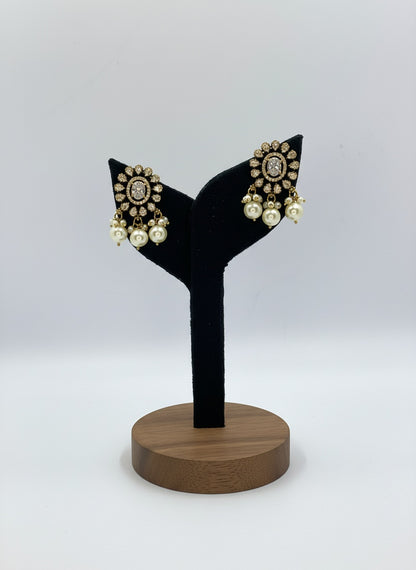 Victorian Gold Plated Polki Stud Earrings with Pearl detailing