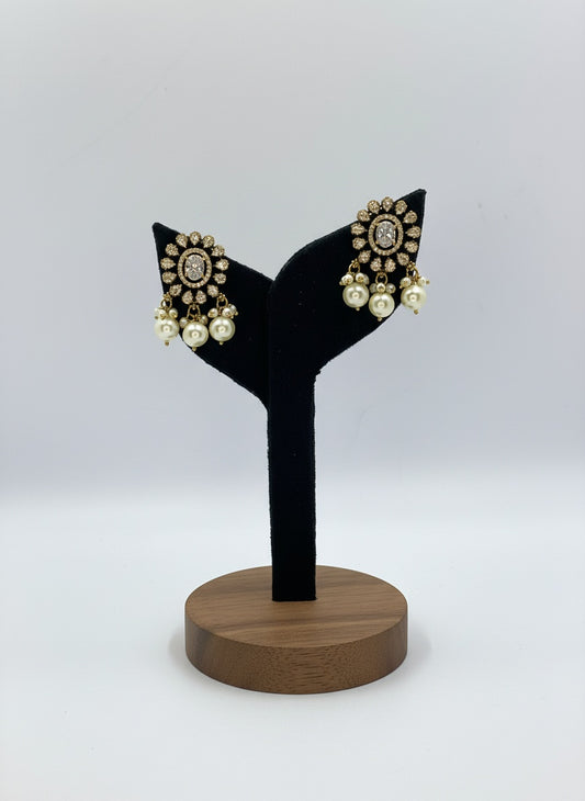 Victorian Gold Plated Polki Stud Earrings with Pearl detailing