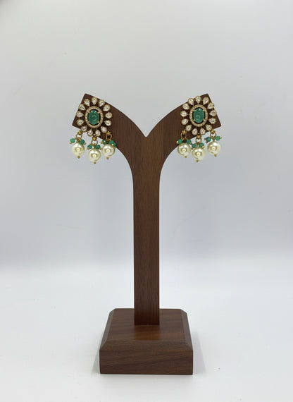 Victorian Gold Plated Polki Stud Earrings with Pearl detailing