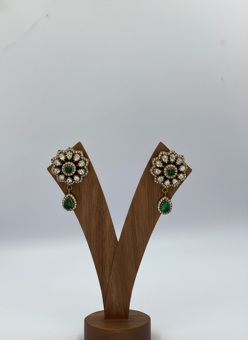 Victorian Gold Plated Polki Stud Earrings with Stone Drop