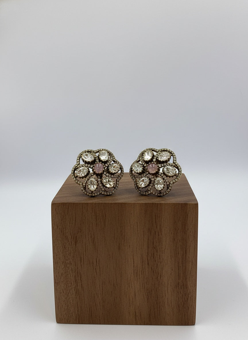 Victorian Gold Plated Floral Pattern Polki Stud Earrings