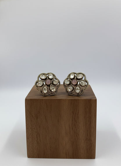 Victorian Gold Plated Floral Pattern Polki Stud Earrings