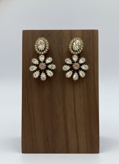 Victorian Gold Plated Polki Stud Earrings with Floral Drop