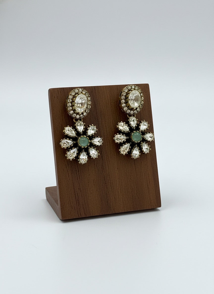 Victorian Gold Plated Polki Stud Earrings with Floral Drop