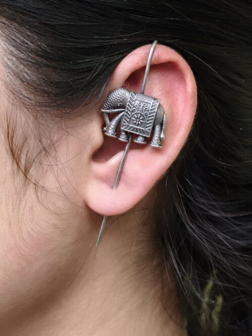 Tribal Elephant Silver Oxidized Pierced Earcuff for Women - Minimal Lightweight Wear