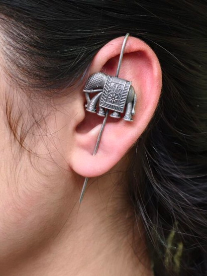 Tribal Elephant Silver Oxidized Pierced Earcuff for Women - Minimal Lightweight Wear