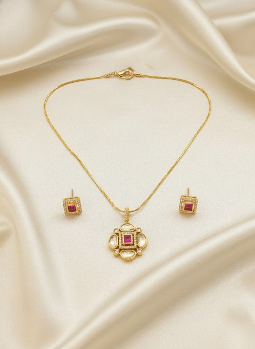 Designer Premium 22k Gold Plated Kundan Stone Pendant Necklace Chain Set with Earrings