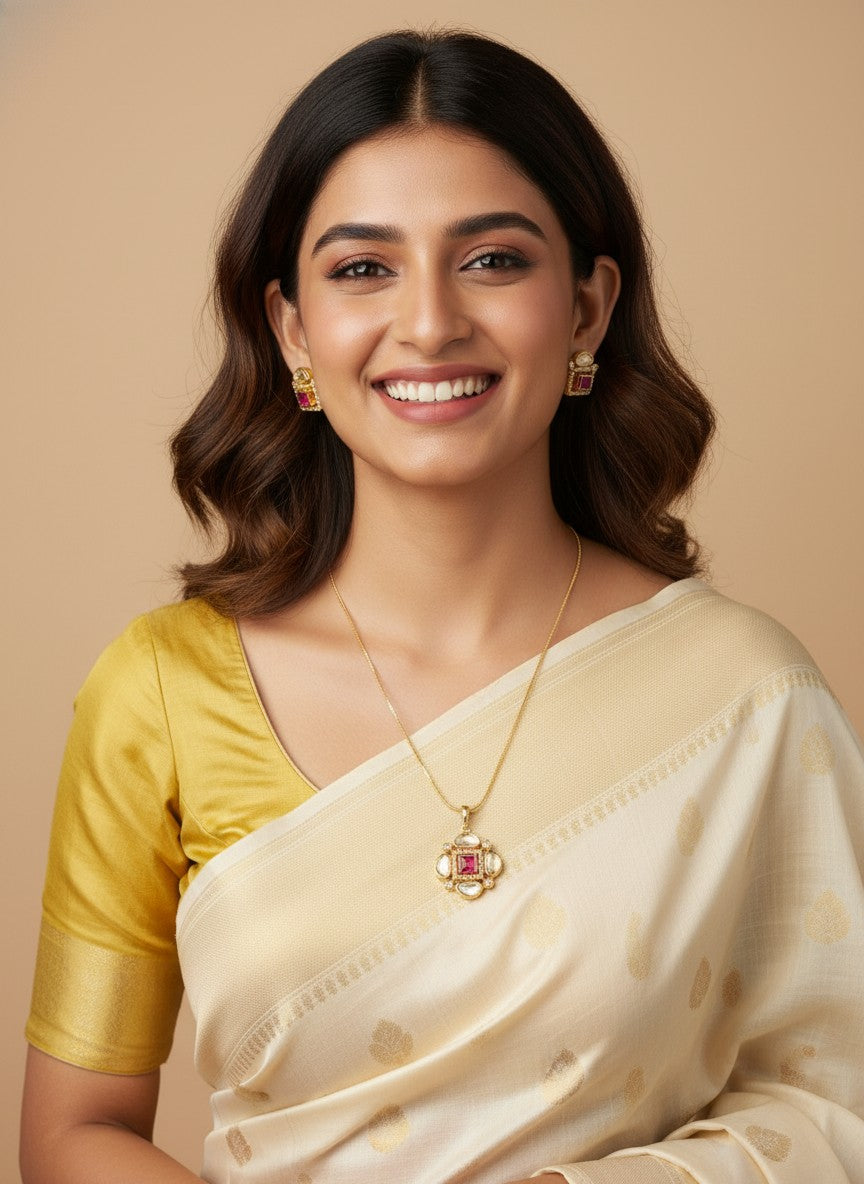 Designer Premium 22k Gold Plated Kundan Stone Pendant Necklace Chain Set with Earrings