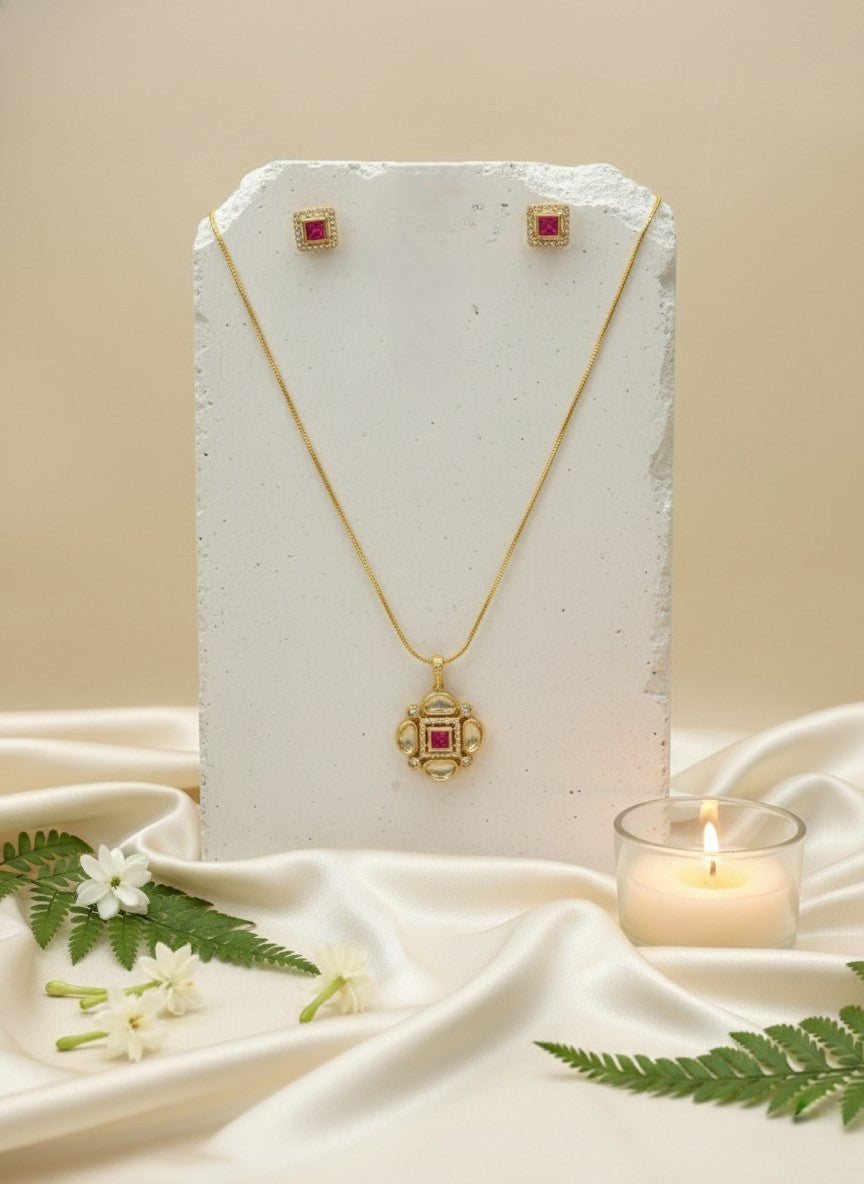 Designer Premium 22k Gold Plated Kundan Stone Pendant Necklace Chain Set with Earrings