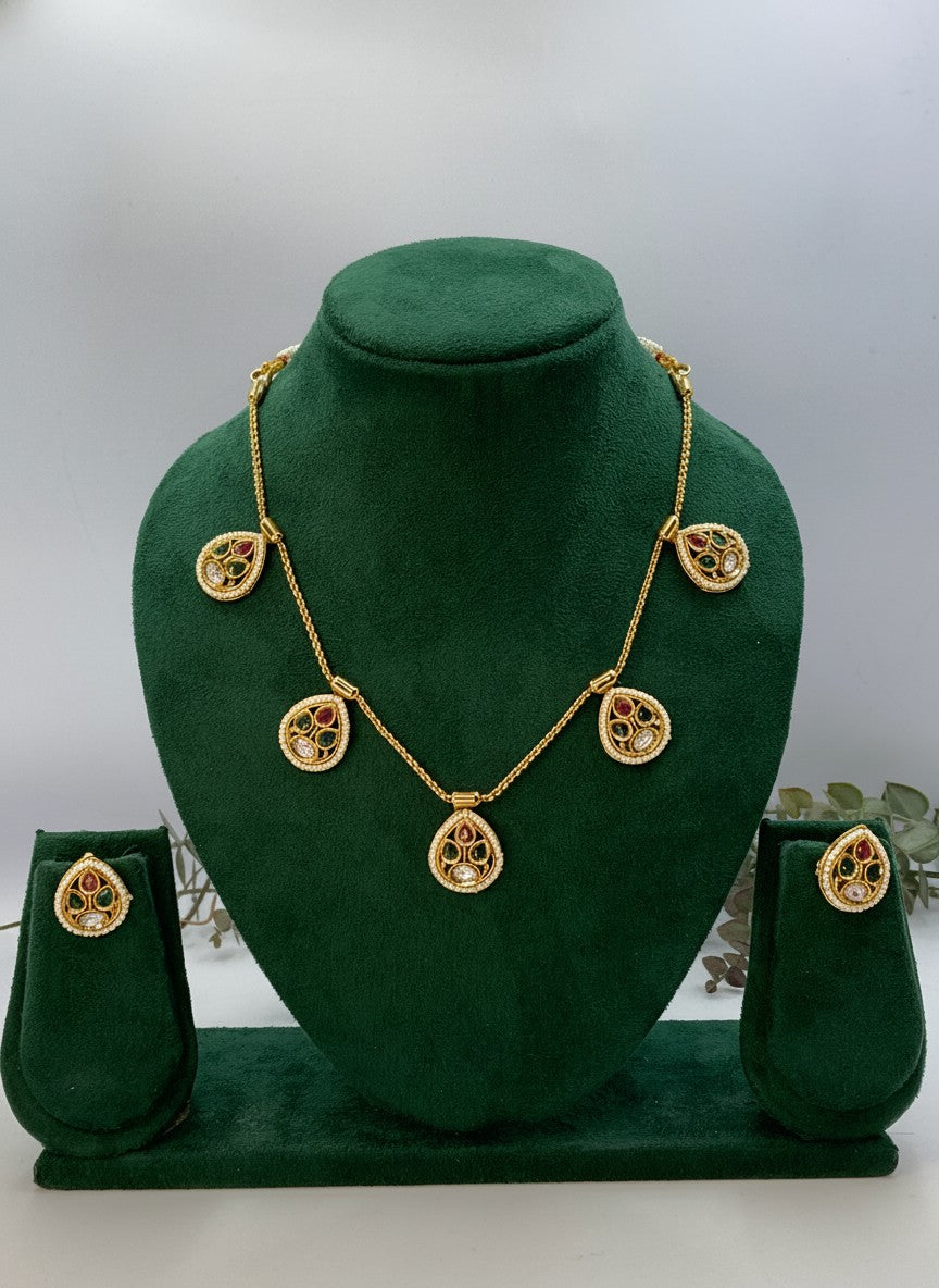Gold Plated Teardrop Multicolor Kundan Necklace Set in Gold Finish for Women