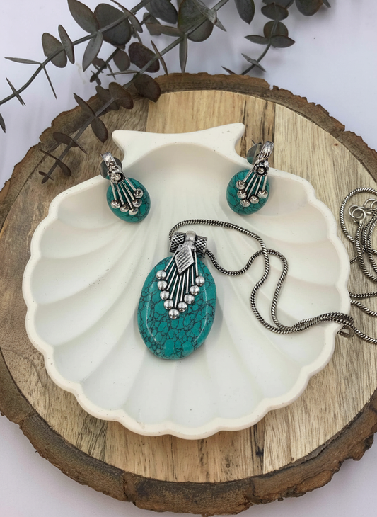 Silver Oxidized Ethnic Chain Necklace Set in Oval Pattern Turquoise Stone for Women - Everyday Wear