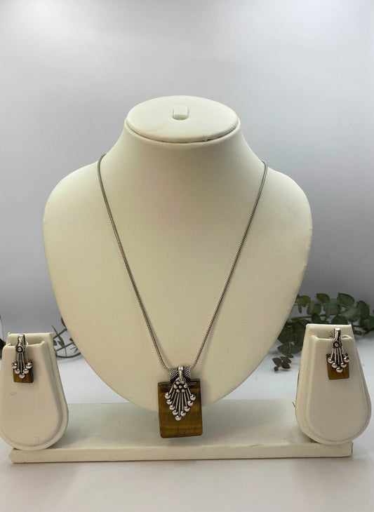 Silver Oxidized Ethnic Chain Necklace Set in Geometric Pattern Tiger Eye for Women - Everyday Wear