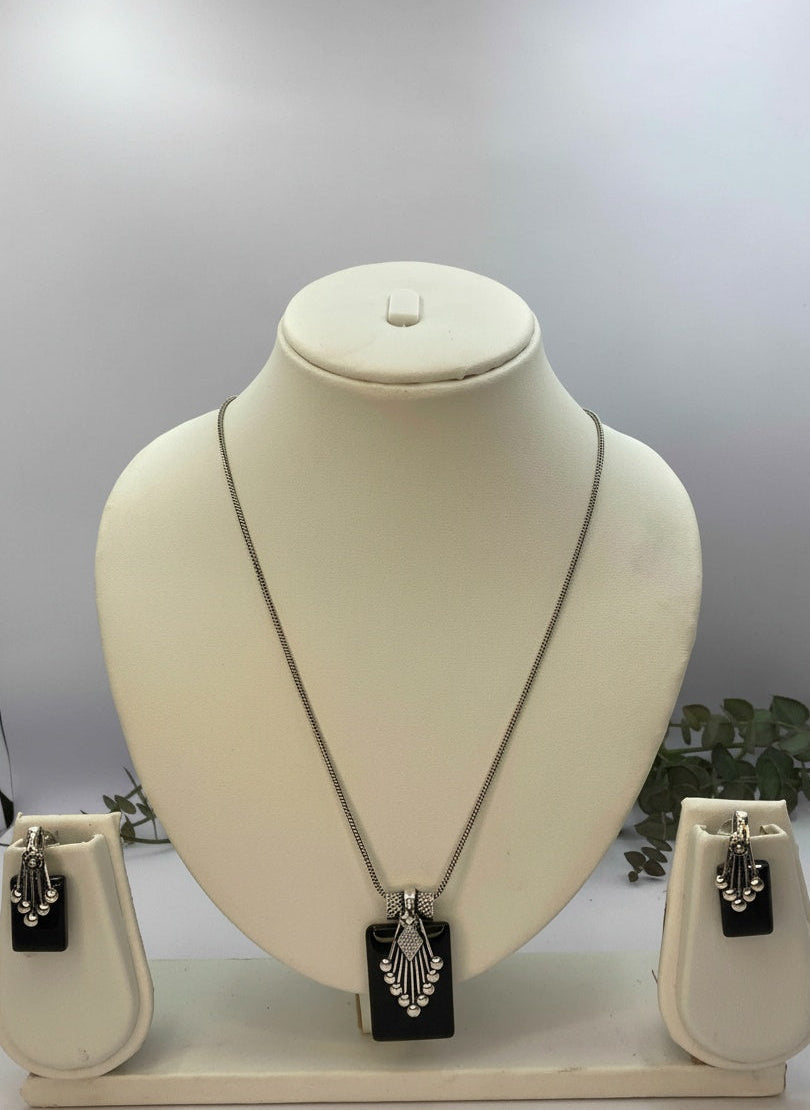 Silver Oxidized Ethnic Chain Necklace Set in Geometric Pattern Obsidian Stone for Women - Everyday Wear
