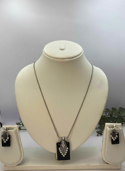 Silver Oxidized Ethnic Chain Necklace Set in Geometric Pattern Obsidian Stone for Women - Everyday Wear