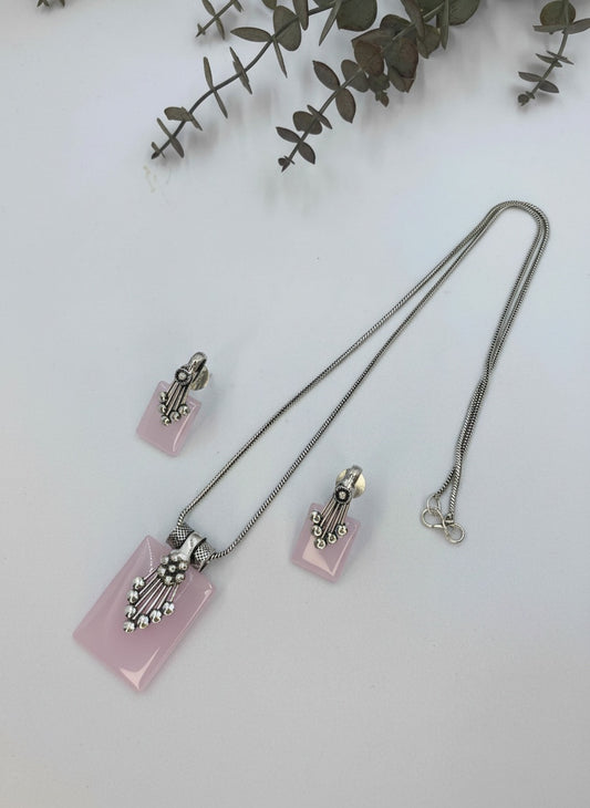 Silver Oxidized Ethnic Chain Necklace Set in Geometric Pattern Rose Quartz for Women - Everyday Wear