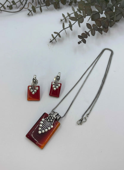 Silver Oxidized Ethnic Chain Necklace Set in Geometric Pattern Carnelian Stone for Women - Everyday Wear