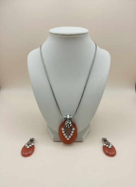 Silver Oxidized neck chain pendant necklace set in Oval Carnelian Monalisa Stones for Women - Everyday Wear