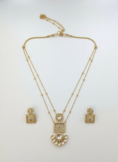 Classic Polki Kundan 2 line gold plated Long Neck Chain Set with Earrings for Women