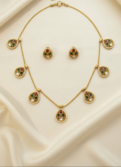 Gold Plated Teardrop Multicolor Kundan Necklace Set in Gold Finish for Women