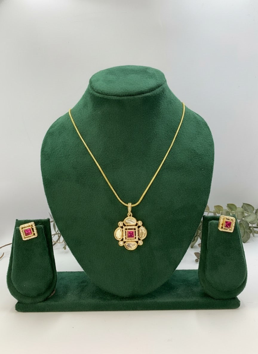 Designer Premium 22k Gold Plated Kundan Stone Pendant Necklace Chain Set with Earrings