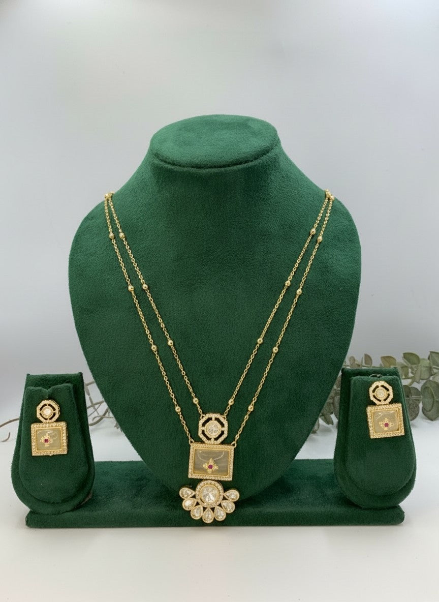 Classic Polki Kundan 2 line gold plated Long Neck Chain Set with Earrings for Women