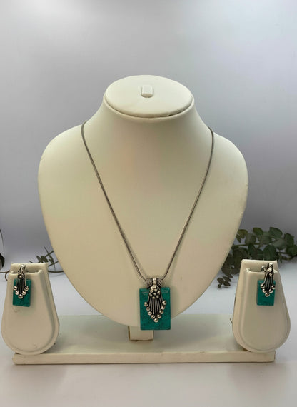 Silver Oxidized Ethnic Chain Necklace Set in Geometric Pattern Turquoise Stone for Women - Everyday Wear