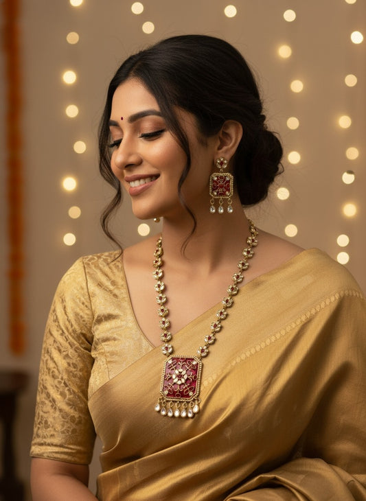 Ruby Enamel Kundan Necklace & Earring Set with Pearl Drop Detailing for Women