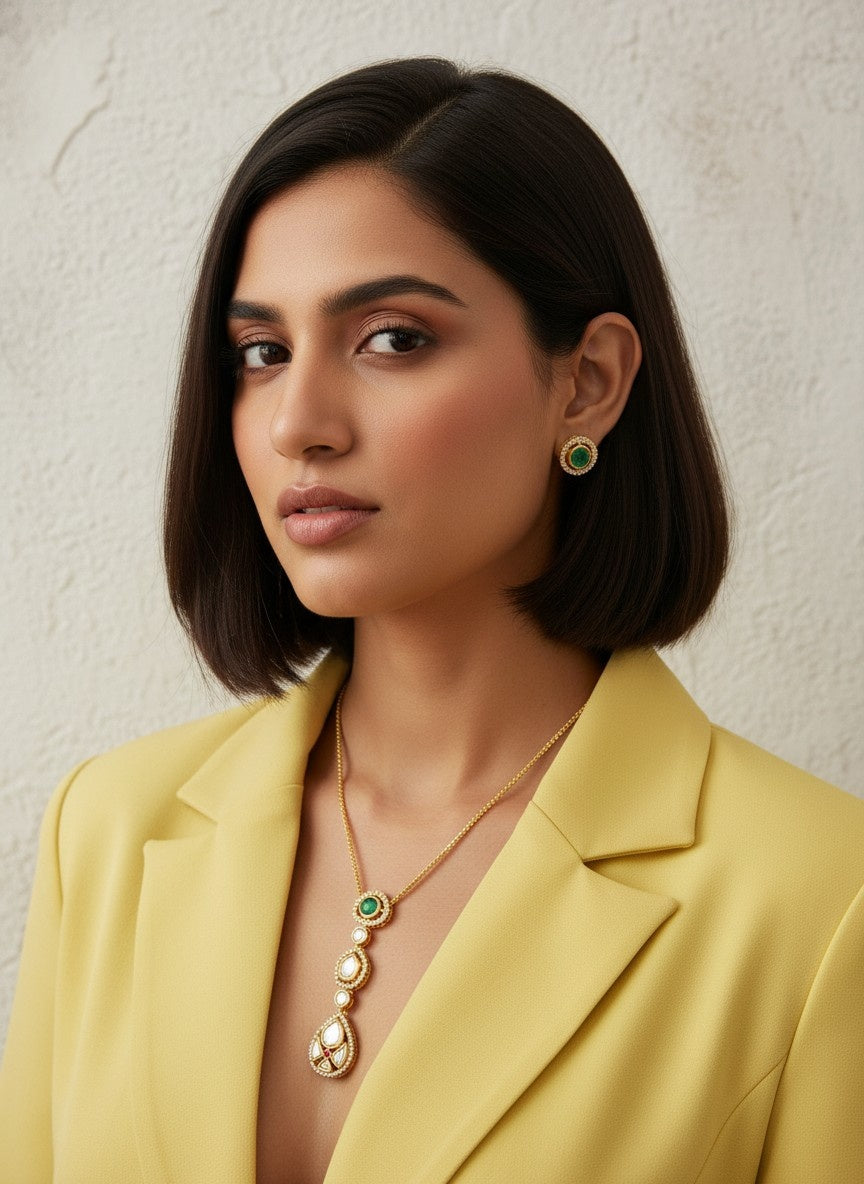 Gold Plated Polki Kundan Necklace Chain Set for Women