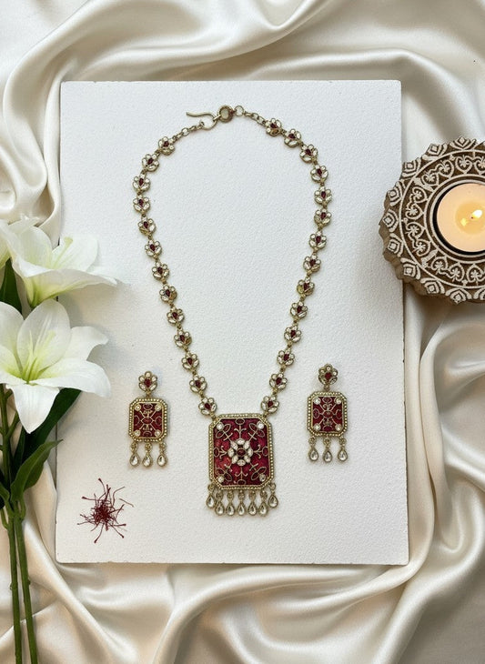 Ruby Enamel Kundan Necklace & Earring Set with Pearl Drop Detailing for Women