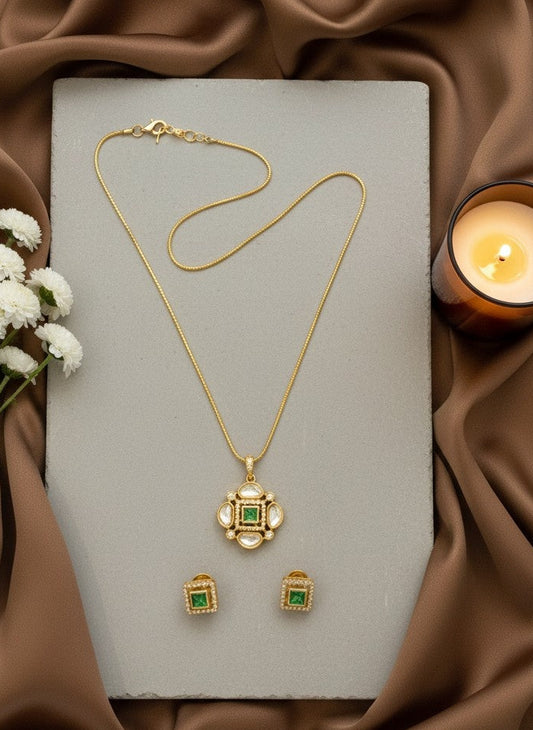 Designer Premium 22k Gold Plated Kundan Stone Pendant Necklace Chain Set with Earrings