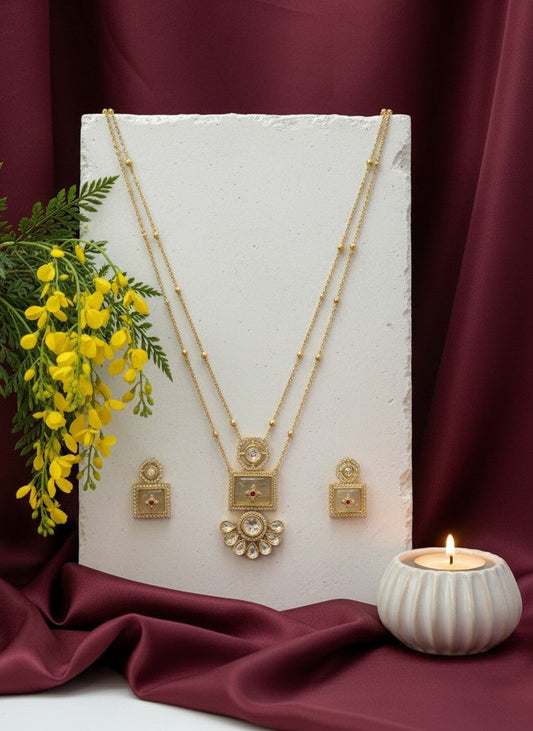 Classic Polki Kundan 2 line gold plated Long Neck Chain Set with Earrings for Women