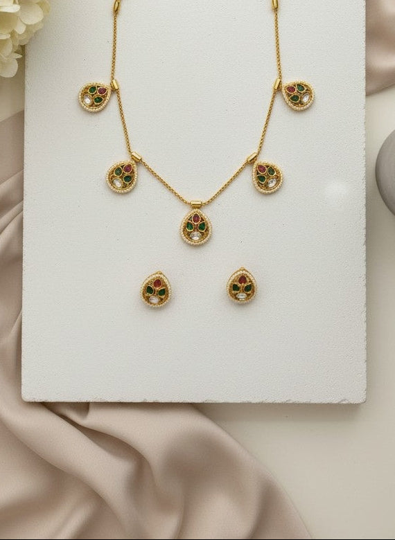 Gold Plated Teardrop Multicolor Kundan Necklace Set in Gold Finish for Women