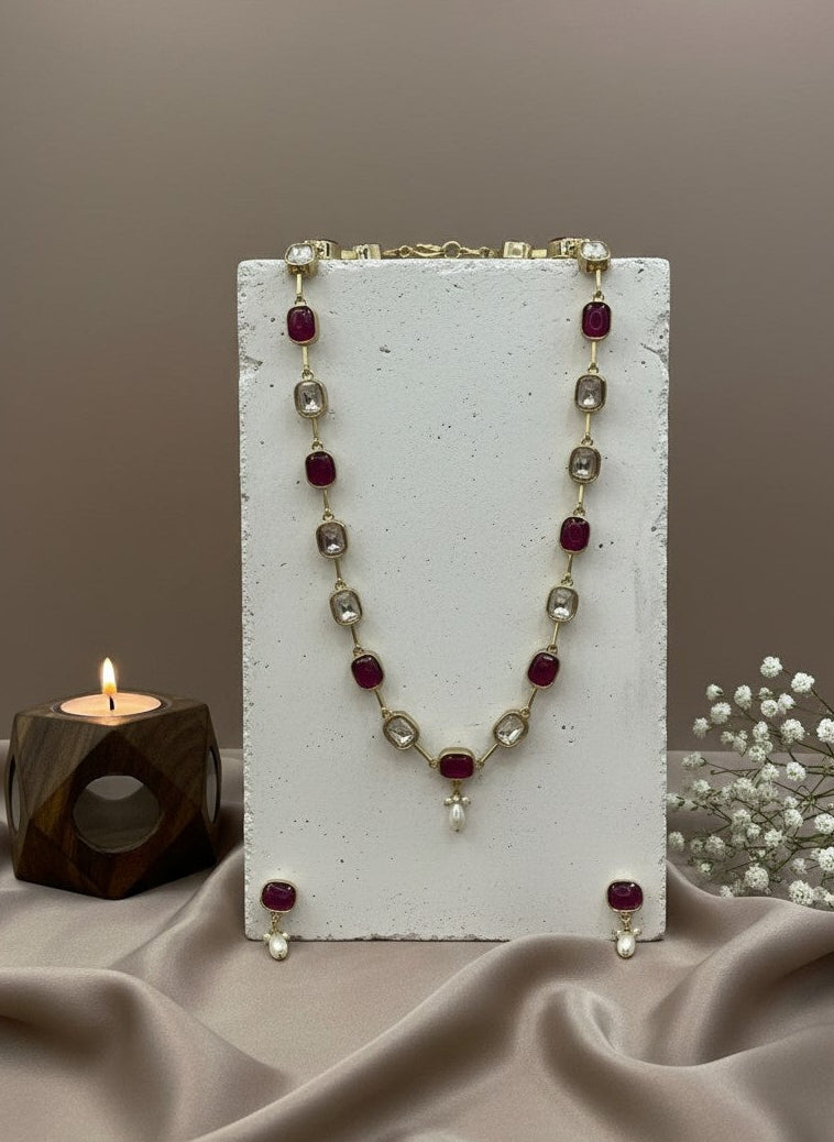 Gold Plated Crystal Stone and Beads Long Necklace Set for Women