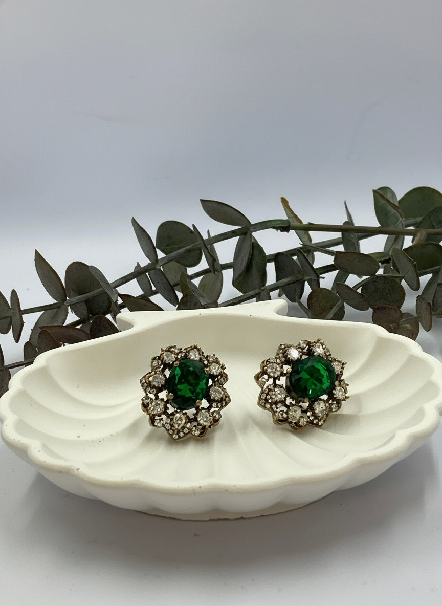 Victorian Gold Plated Polki Stud Earrings - Green