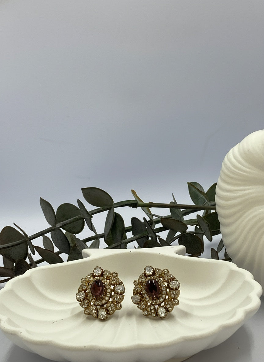 Victorian Floral Pattern Gold Plated Wine Polki Stud Earrings for Women - All Occasions