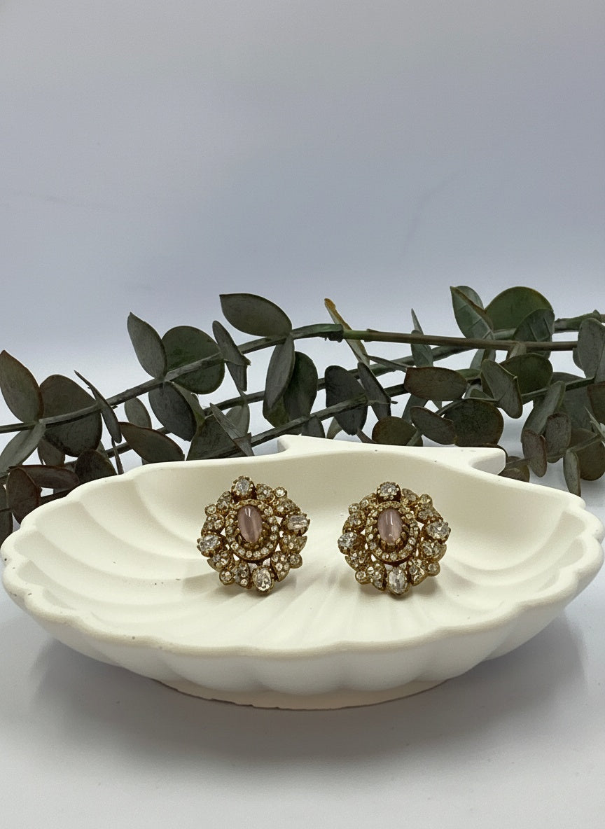 Victorian Floral Pattern Gold Plated Polki Stud Earrings