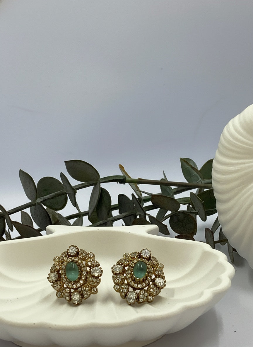 Victorian Floral Pattern Gold Plated Polki Stud Earrings for Women