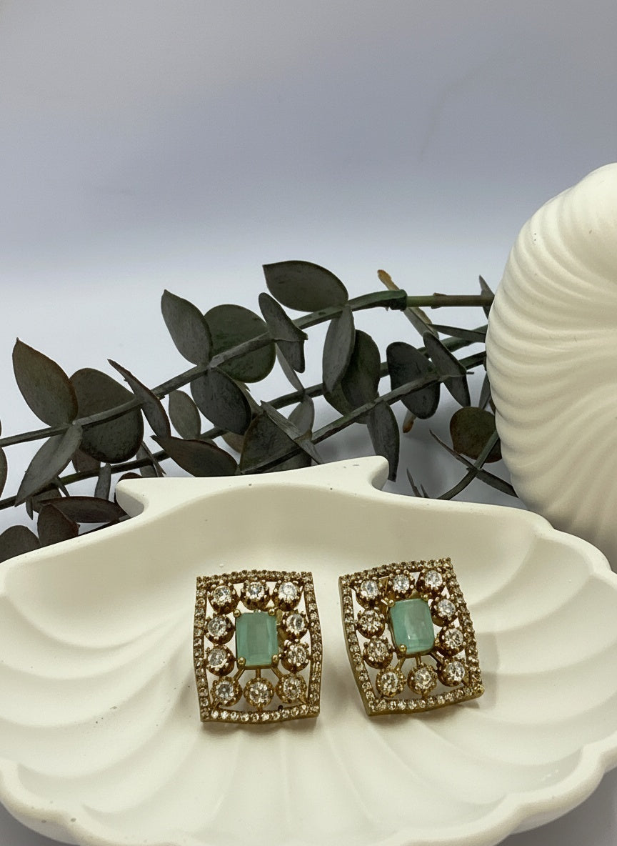 Victorian Gold Plated Polki Stud Earrings in Geometric Pattern for Women