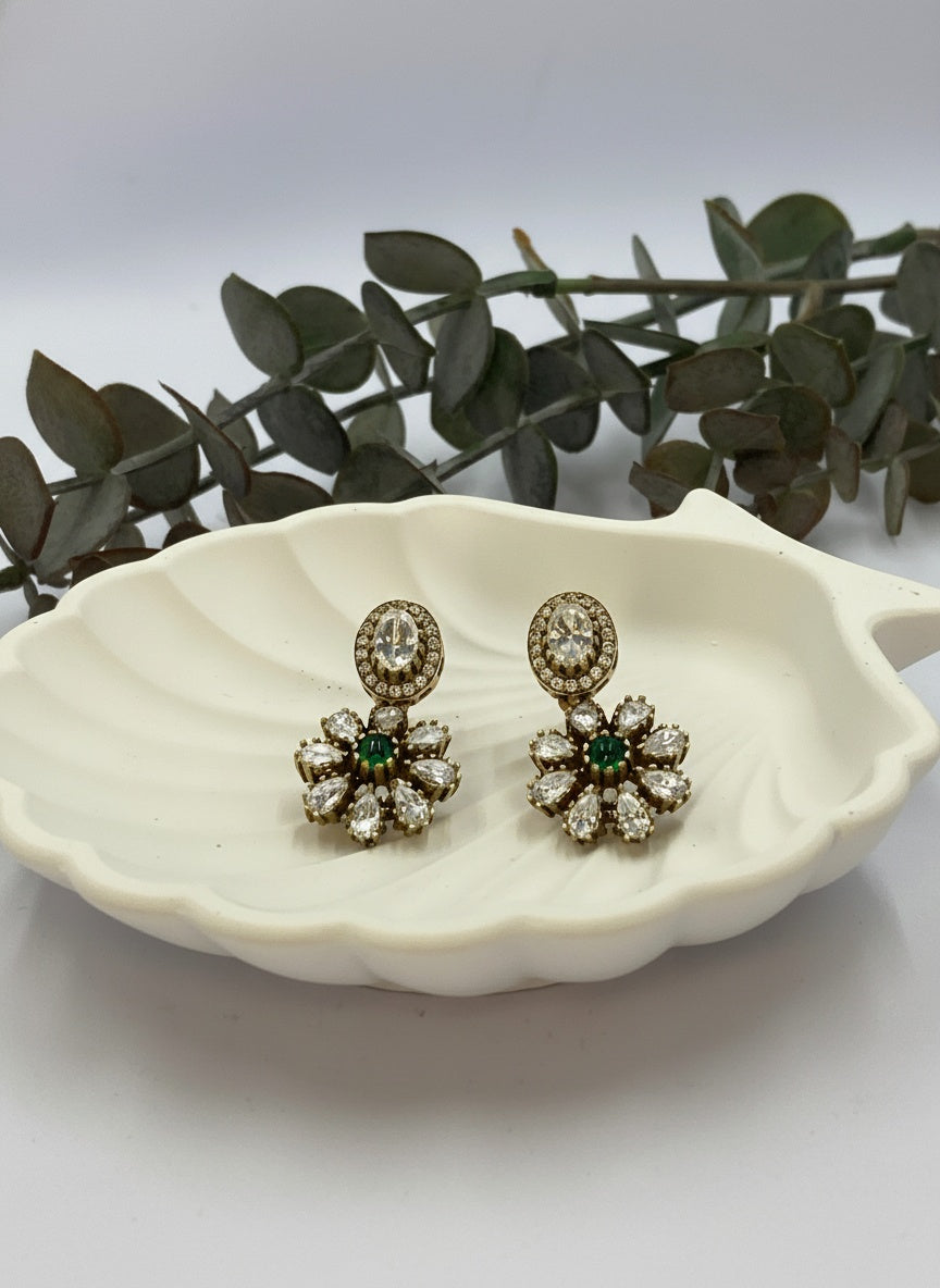 Victorian Gold Plated Polki Stud Earrings with Floral Drop for Women
