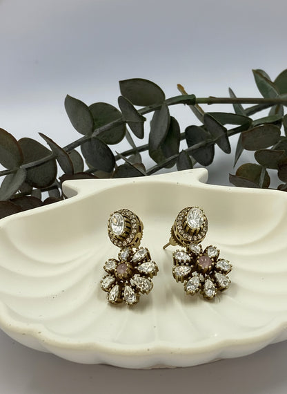 Victorian Gold Plated Polki Stud Earrings with Floral Drop for Women