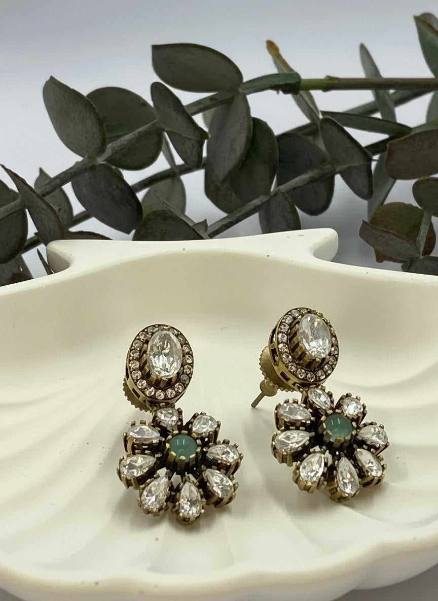 Victorian Gold Plated Polki Stud Earrings with Floral Drop for Women