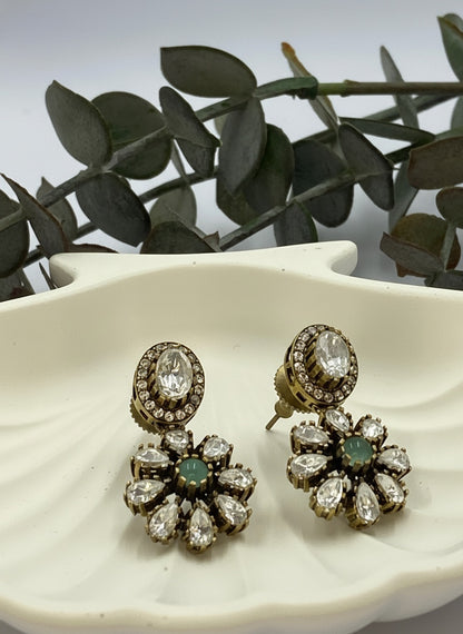 Victorian Gold Plated Polki Stud Earrings with Floral Drop for Women