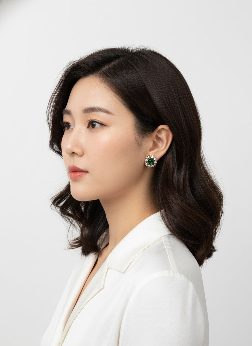 Victorian Gold Plated Polki Stud Earrings - Green