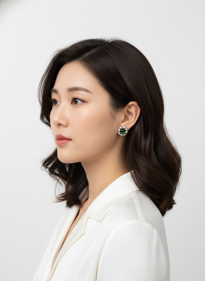 Victorian Gold Plated Polki Stud Earrings - Green