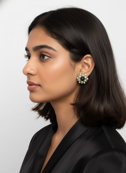 Victorian Gold-Plated Floral Pattern Polki Stud Earrings