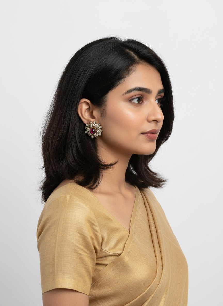 Victorian Gold-Plated Floral Pattern Polki Stud Earrings